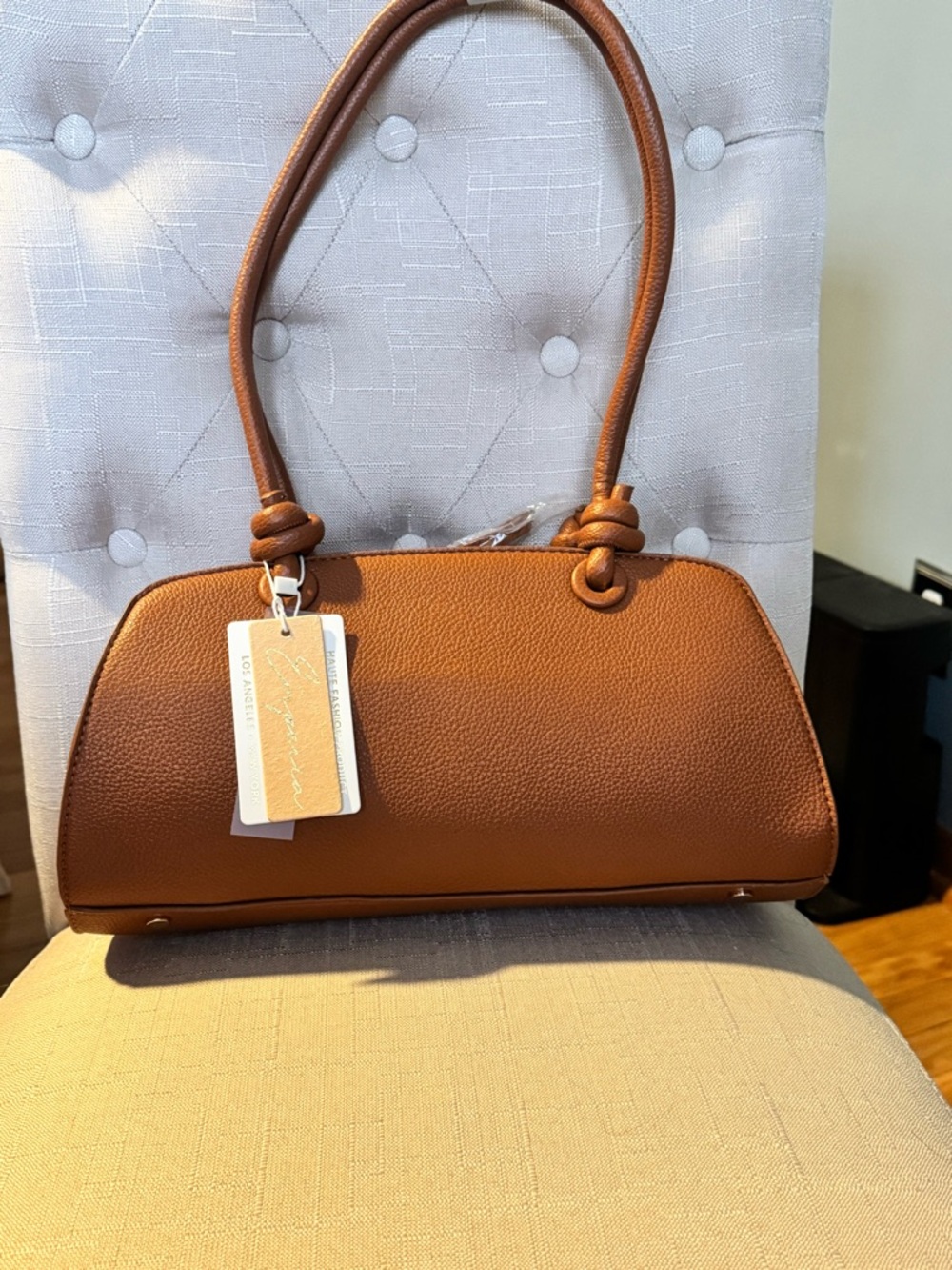 Ello double Handle Vegan Leather Shoulder Bag w/ Knot Strap brown & scarf accent